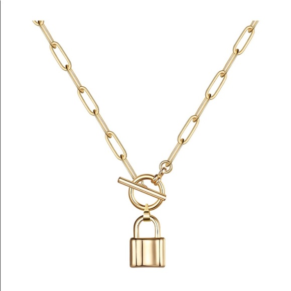 Gold Paper Clip Link Padlock Pendant Necklace - Picture 2 of 4